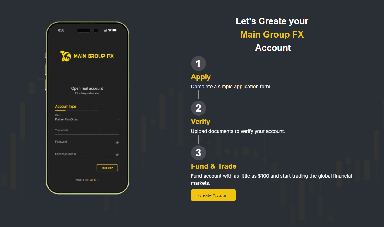 creating an account with Main Group FX