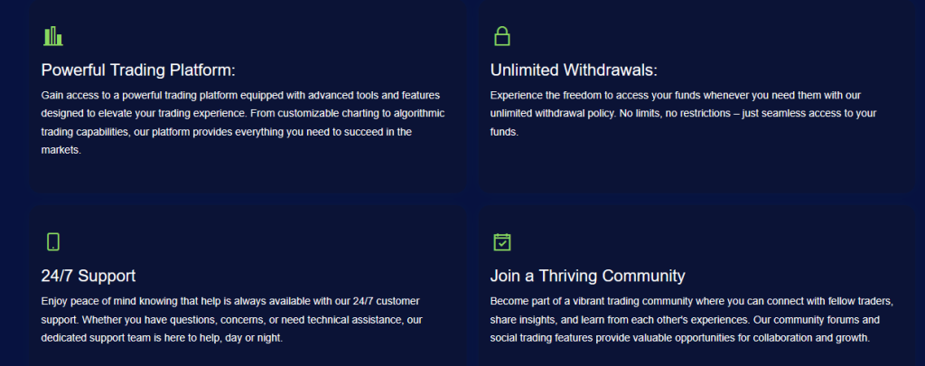 Screenshot showing four main features of AURUM GROUP’s platform: advanced trading tools, unlimited withdrawals, 24/7 customer support, and a social trading community