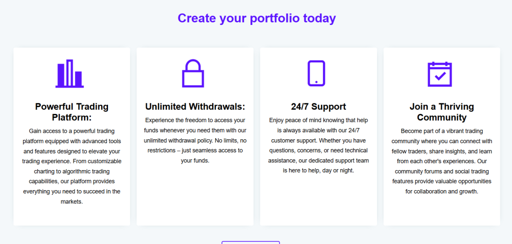 CW-Management feature cards highlighting platform, withdrawals, support, and community