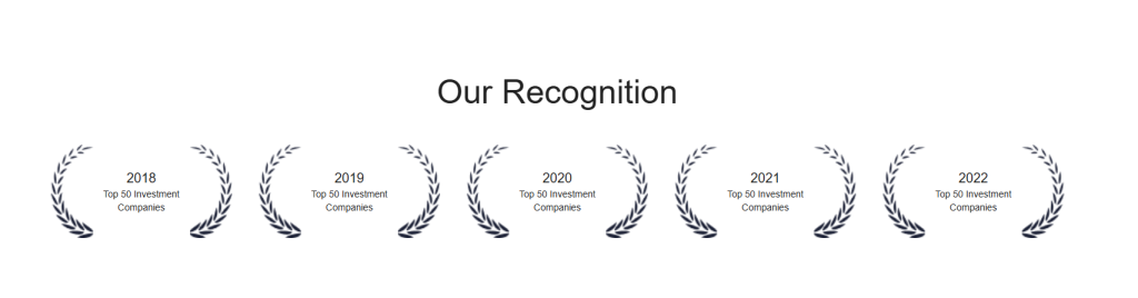 AFG-Management recognition section highlighting company awards and investment industry acknowledgements from 2018 to 2022