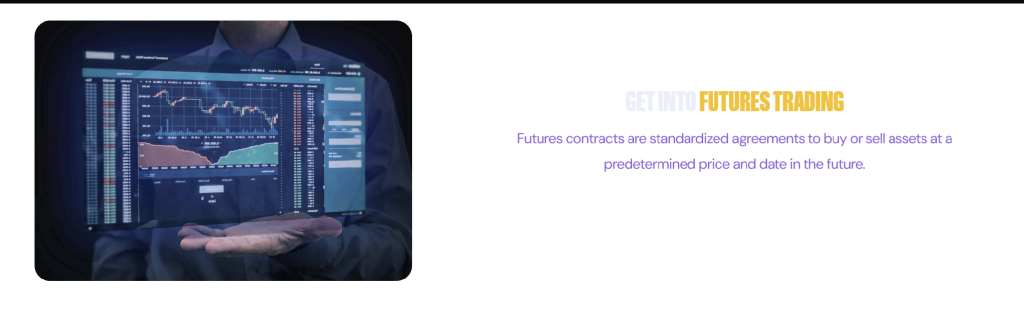 WealthW-Group website screenshot explaining futures trading with a market dashboard image.