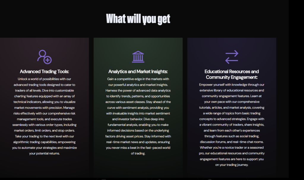WealthW-Group website section showing trading tools, analytics, market insights, and educational resources.